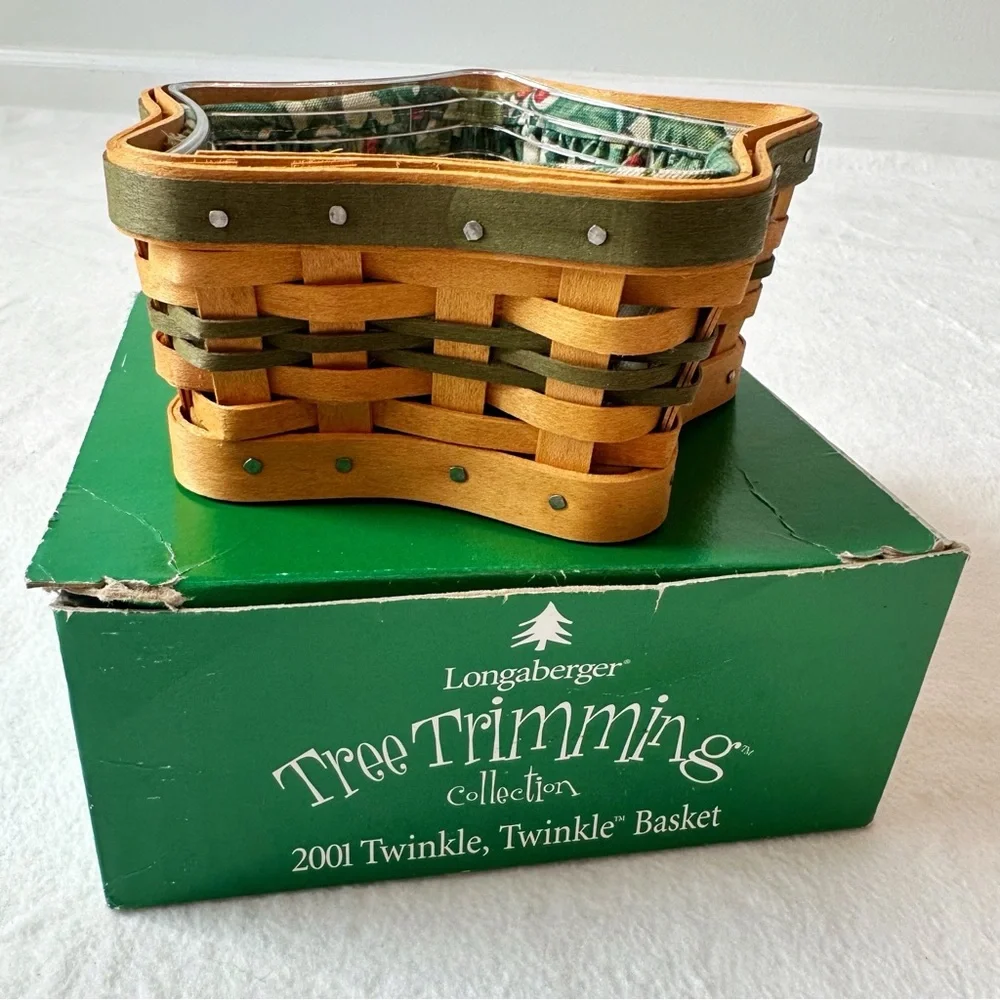 Longaberger 2001 Tree Trimming Star Basket Green Fabric Liner Plastic Protector